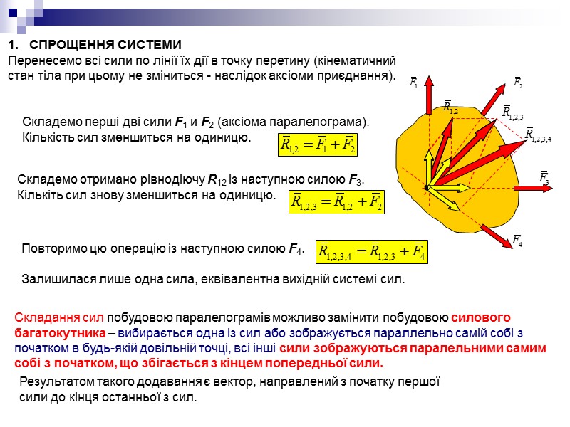 СПРОЩЕННЯ СИСТЕМИ Перенесемо всі сили по лінії їх дії в точку перетину (кінематичний стан СПРОЩЕННЯ СИСТЕМИ Перенесемо всі сили по лінії їх дії в точку перетину (кінематичний стан